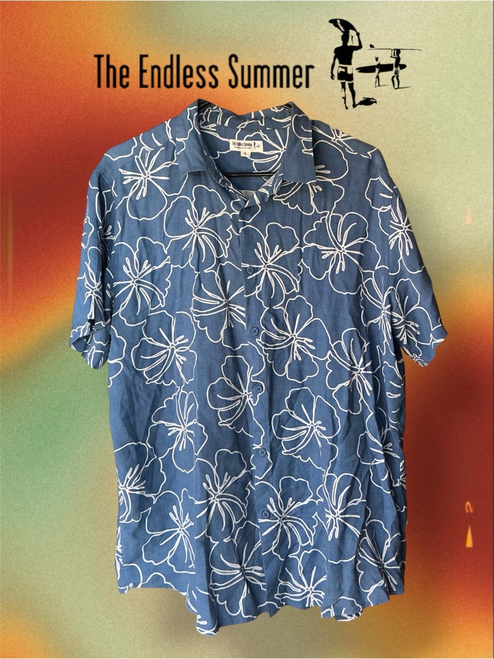 Endless Summer Men’s Hawaiian Hibiscus Shirt Denim Blue & White Size L 🌺💙